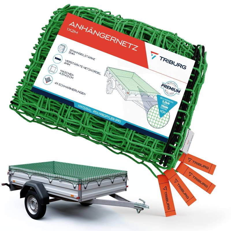 TRIBURG Anhängernetz 1x2 mit Eckmarkierungen - Anhänger Netz mit Spanngummi zur optimalen Ladungssicherung - Netz für Anhänger mit Gummiseil[elastisch/dehnbar] von TRIBURG