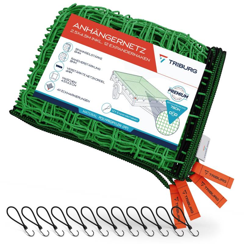 TRIBURG Anhängernetz 2,5x4,5 inkl. 12x Expander Haken - Anhänger Netz mit Eckmarkierungen und Randverstärkung inkl. 12x Gummispanner mit Haken [Spanngummi mit Haken] von TRIBURG