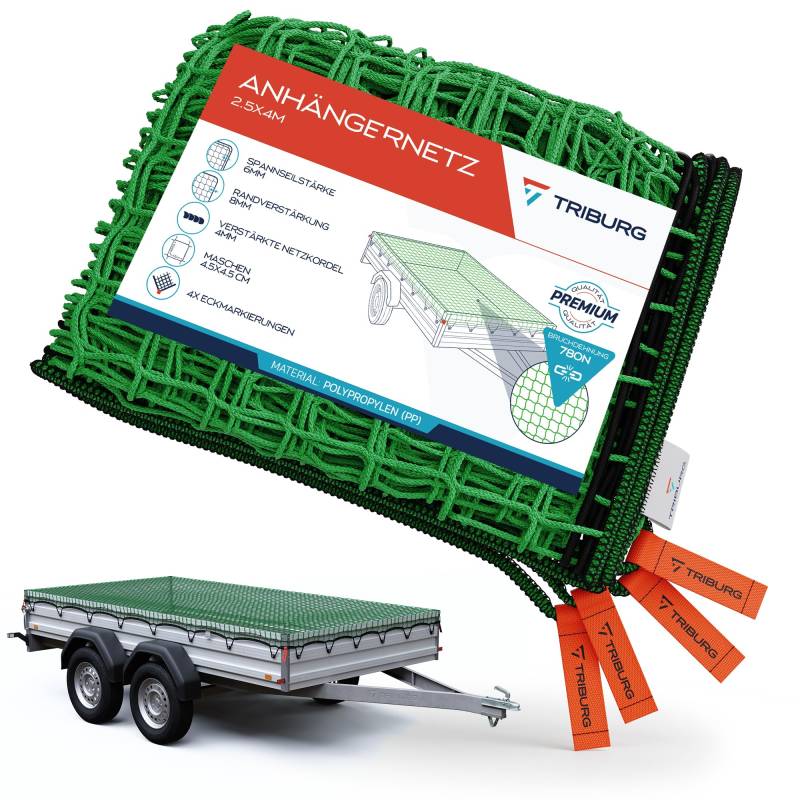 TRIBURG Anhängernetz 2,5x4 mit Eckmarkierungen und Randverstärkung - Anhänger Netz mit Spanngummi zur optimalen Ladungssicherung - Netz für Anhänger mit Gummiseil von TRIBURG