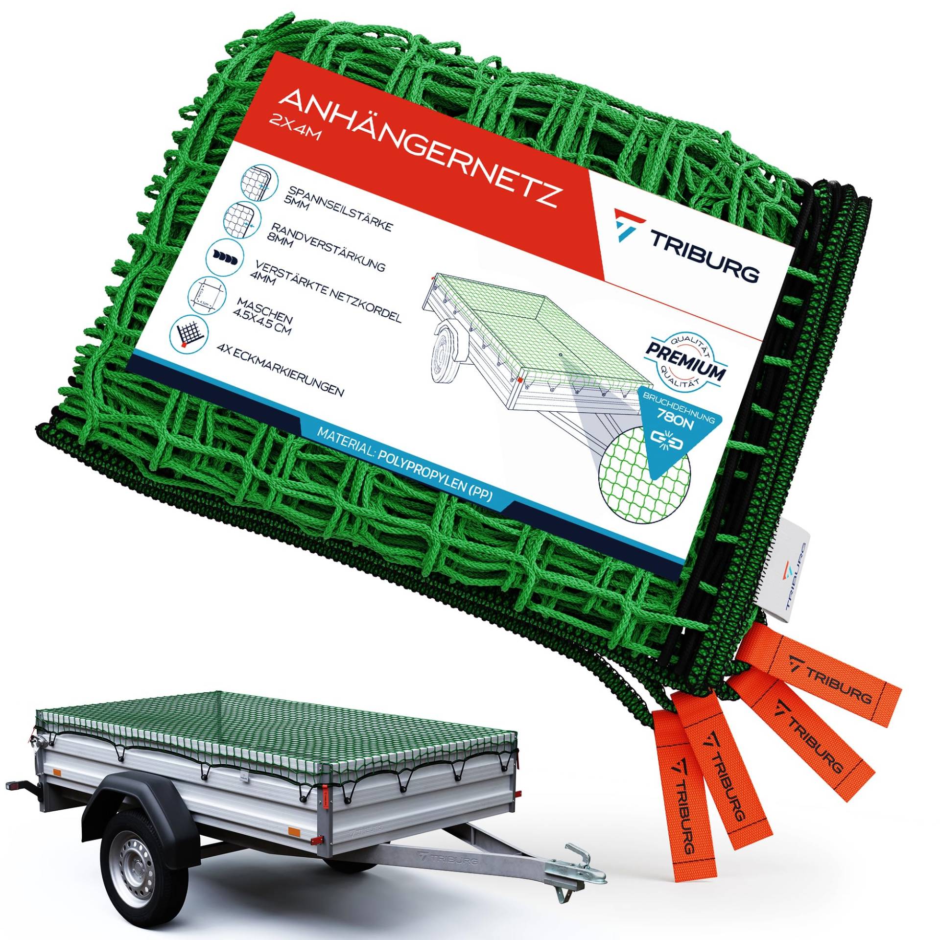 TRIBURG Anhängernetz 2x4 mit Eckmarkierungen und Randverstärkung - Anhänger Netz mit Spanngummi zur optimalen Ladungssicherung - Netz für Anhänger mit Gummiseil von TRIBURG