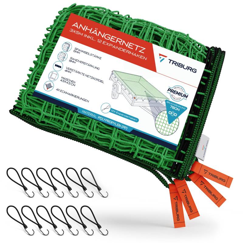 TRIBURG Anhängernetz 3x5 inkl. 12x Expander Haken - Anhänger Netz mit Eckmarkierungen und Randverstärkung inkl. 12x Gummispanner mit Haken [Spanngummi mit Haken] von TRIBURG