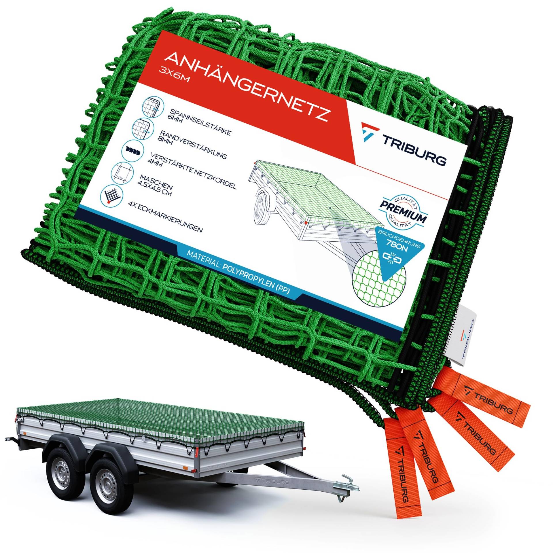 TRIBURG Anhängernetz 3x6 mit Eckmarkierungen und Randverstärkung - Anhänger Netz mit Spanngummi zur optimalen Ladungssicherung - Netz für Anhänger mit Gummiseil von TRIBURG