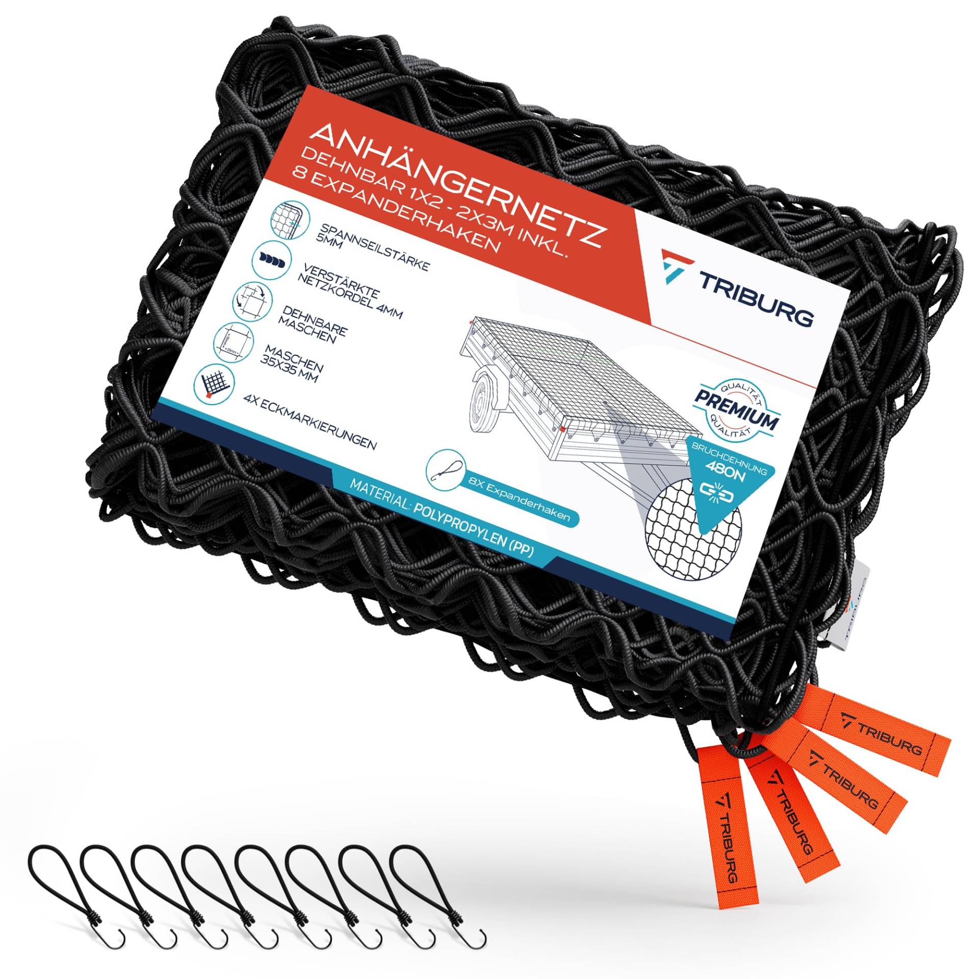 TRIBURG Anhängernetz dehnbar 1x2 bis 2x3 inkl. 8x Expander Haken - Anhängernetz inkl. 8x Gummispanner mit Haken für optimale Ladungssicherung [spannhaken/planenspanner] von TRIBURG