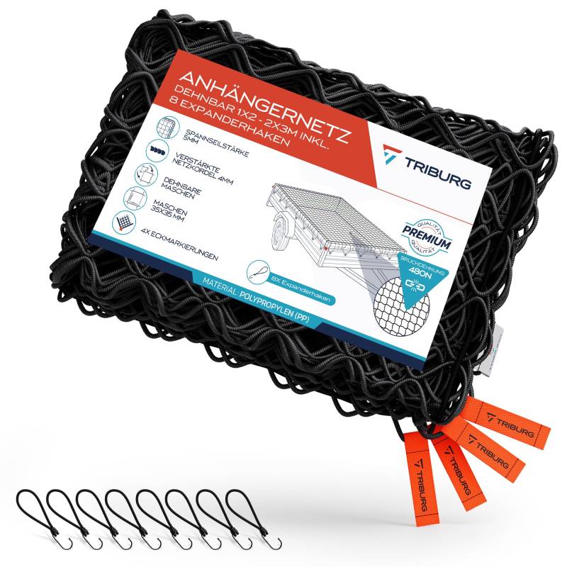 TRIBURG Anhängernetz dehnbar 1x2 bis 2x3 inkl. 8x Expander Haken - Anhängernetz inkl. 8x Gummispanner mit Haken für optimale Ladungssicherung [spannhaken/planenspanner] von TRIBURG