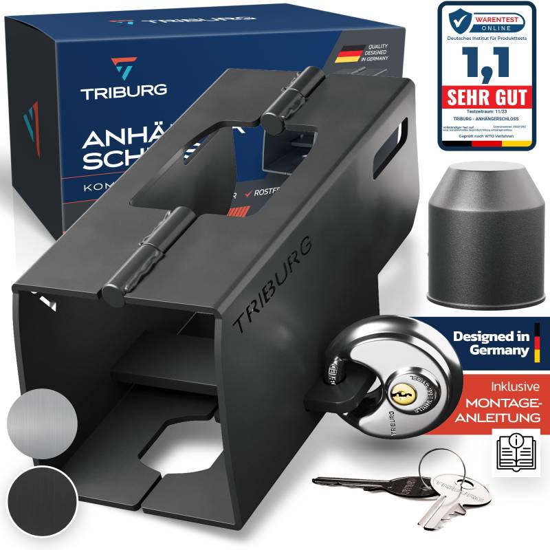TRIBURG Anhängerschloss inkl. Rundschloss | Achtung: für Kupplungen bis max. 8,5cm Höhe x 9,4cm Breite | Sicherung für an/abgekuppelte Anhänger - Deichselschloss Rostfrei[Versicherungskonform] von TRIBURG