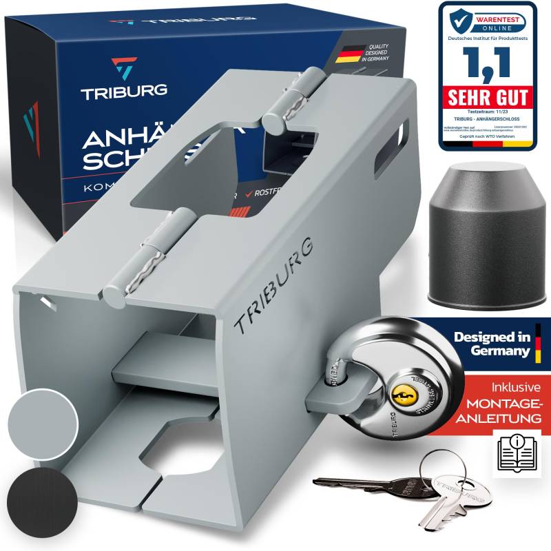 TRIBURG Anhängerschloss inkl. Rundschloss | Achtung: für Kupplungen bis max. 8,5cm Höhe x 9,4cm Breite | Sicherung für an/abgekuppelte Anhänger - Deichselschloss Rostfrei [Versicherungskonform] von TRIBURG