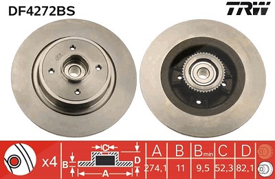 Trw 1x Bremsscheibe Hinterachse mit ABS-Ring+Lager [Hersteller-Nr. DF4272BS] für Renault von TRW
