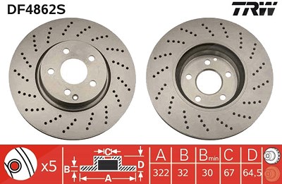 Trw 1x Bremsscheibe Vorderachse Belüftet Gelocht [Hersteller-Nr. DF4862S] für Mercedes-Benz von TRW