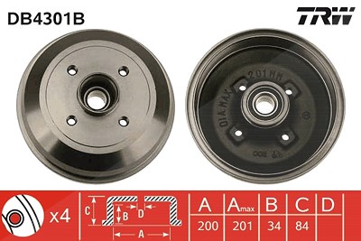 Trw 1x Bremstrommel Hinterachse mit Radlager [Hersteller-Nr. DB4301B] für Opel, Vauxhall von TRW
