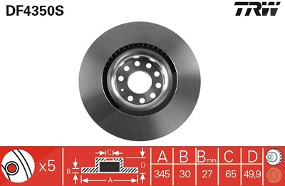 Trw 1x Bremsscheibe [Hersteller-Nr. DF4350S] für Audi, Seat, Skoda, VW von TRW