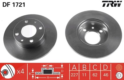 Trw Bremsscheibe [Hersteller-Nr. DF1721] für Autobianchi, Fiat, Ford Otosan, Fso, Innocenti, Lancia, Pininfarina, Seat, Tofas, Yugo, Zastava von TRW