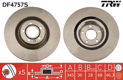 Trw 1x Bremsscheibe [Hersteller-Nr. DF4757S] für Audi von TRW