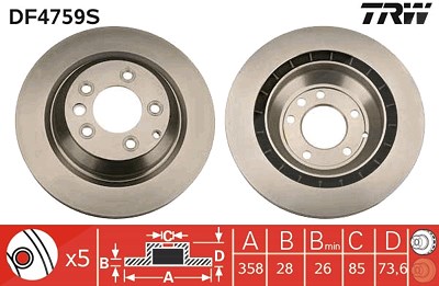 Trw 1x Bremsscheibe Hinterachse Belüftet [Hersteller-Nr. DF4759S] für Audi, Porsche, VW von TRW