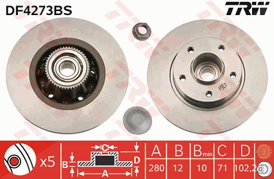 Trw Bremsscheibe Hinterachse Voll + Radlager [Hersteller-Nr. DF4273BS] für Nissan, Opel, Renault von TRW