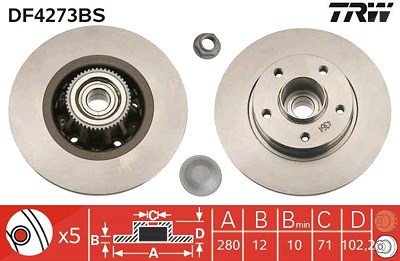 Trw 1x Bremsscheibe Hinterachse Voll + Radlager [Hersteller-Nr. DF4273BS] für Nissan, Opel, Renault, Vauxhall von TRW