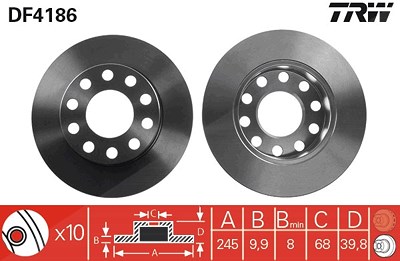 Trw Bremsscheibe Hinterachse Voll [Hersteller-Nr. DF4186] für Audi, Seat von TRW