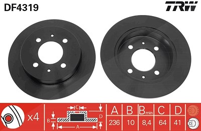 Trw Bremsscheibe Hinterachse Voll [Hersteller-Nr. DF4319] für Mitsubishi, Proton von TRW