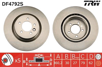 Trw 1x Bremsscheibe Vorderachse Belüftet [Hersteller-Nr. DF4792S] für Land Rover von TRW
