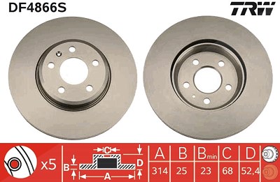 Trw 1x Bremsscheibe Vorderachse Belüftet [Hersteller-Nr. DF4866S] für Audi von TRW