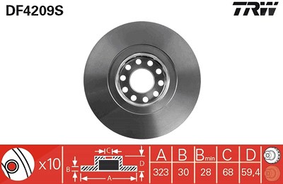 Trw 1x Bremsscheibe Vorderachse Belüftet [Hersteller-Nr. DF4209S] für Audi, VW von TRW