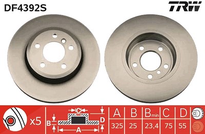 Trw 1x Bremsscheibe Vorderachse Belüftet [Hersteller-Nr. DF4392S] für BMW von TRW