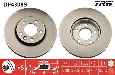 Trw 1x Bremsscheibe Vorderachse Belüftet [Hersteller-Nr. DF4308S] für VW von TRW