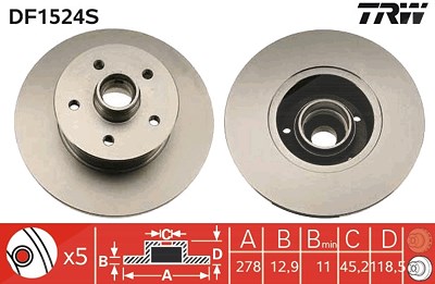 Trw 1x Bremsscheibe Vorderachse Voll [Hersteller-Nr. DF1524S] für VW von TRW