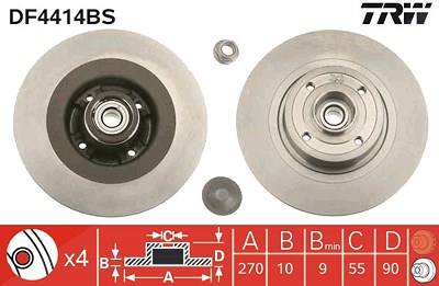 Trw 1x Bremsscheibe hinten +Radlager+ABS-Ring [Hersteller-Nr. DF4414BS] für Renault von TRW