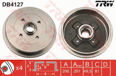 Trw Bremstrommel Hinterachse [Hersteller-Nr. DB4127] für Audi, Seat, Skoda, VW von TRW