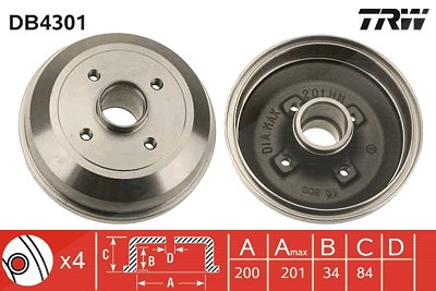 Trw Bremstrommel Hinterachse ohne Radlager [Hersteller-Nr. DB4301] für Opel von TRW