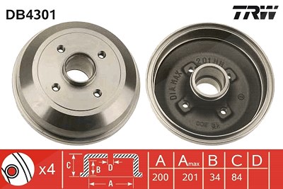 Trw 1x Bremstrommel Hinterachse ohne Radlager [Hersteller-Nr. DB4301] für Opel, Vauxhall von TRW