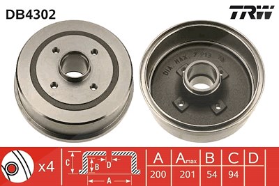 Trw 1x Bremstrommel Hinterachse ohne Radlager [Hersteller-Nr. DB4302] für Opel, Vauxhall von TRW