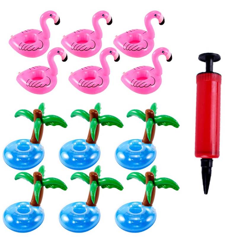 12 Stück Aufblasbare Getränkehalter PVC Aufblasbare Untersetzer Schwimmender Getränkehalter Flamingo mit Luftpumpe Aufblasbare Getränkehalter Kokosnussbaum Set für Sommer Familien Pool Party Deko von TSLBW
