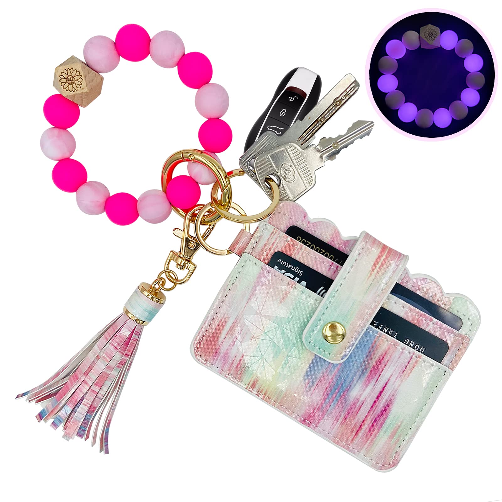 TSNSOEEO Schlüsselanhänger, Geldbörse, Handgelenk, kleines Kreditkartenetui, Armband, Schlüsselanhänger, Geldbörse, Armreif, Quaste, Perlen, Schlüsselanhänger für Damen, 01-rosa, nachtleuchtend, 10 cm TSNSOEEO Schlüsselanhänger, Geldbörse, Handgelenk, kleines Kreditkartenetui, Armband, Schlüsselanhänger, Geldbörse, Armreif, Quaste, Perlen, Schlüsselanhänger für Damen, 01-rosa, nachtleuchtend, 10 cm von TSNSOEEO