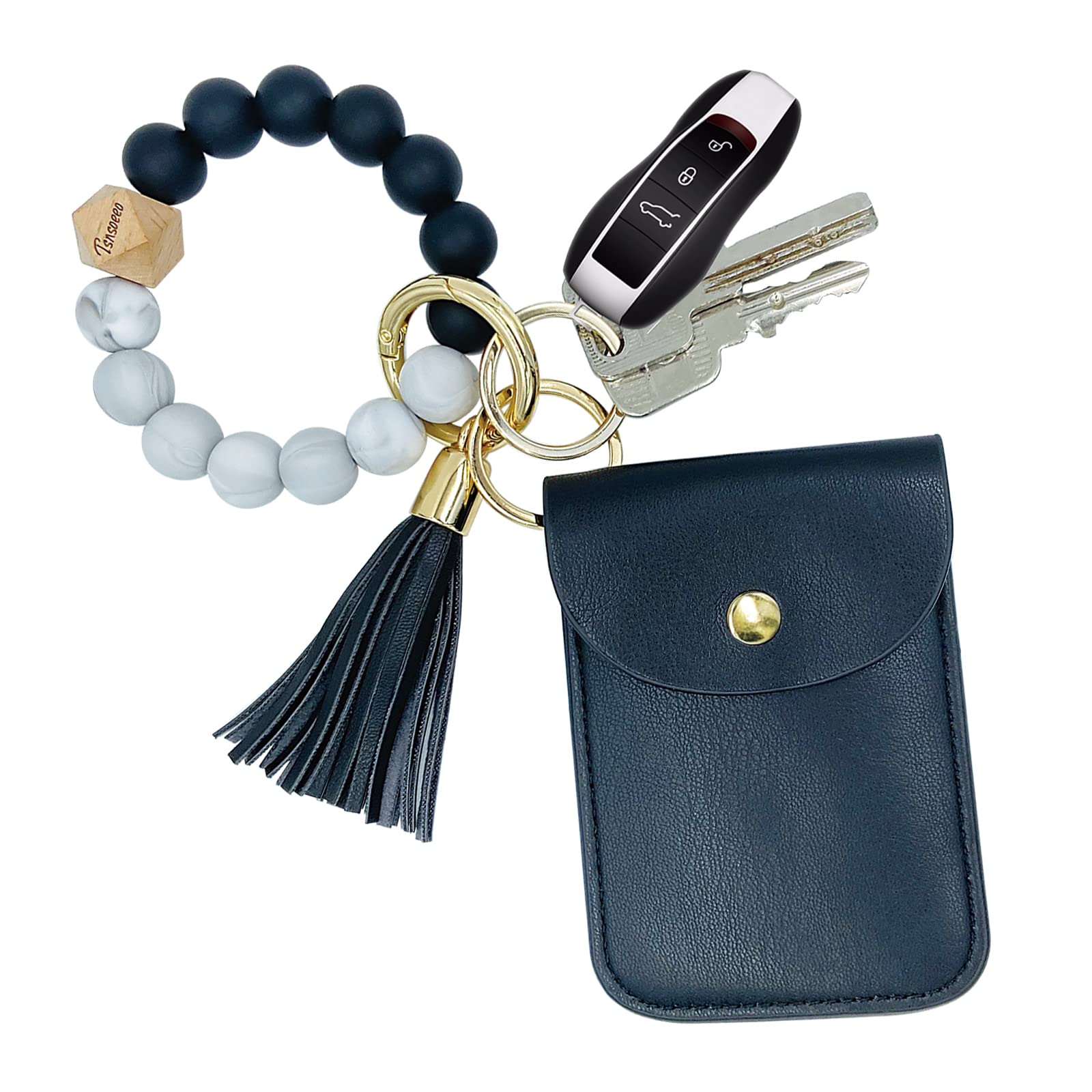 TSNSOEEO Schlüsselanhänger Geldbörse Armband klein Kreditkartenhalter Armband Schlüsselanhänger Geldbörse Armreif Quaste Perlen Schlüsselanhänger für Frauen, 02-schwarz S, 10 cm von TSNSOEEO