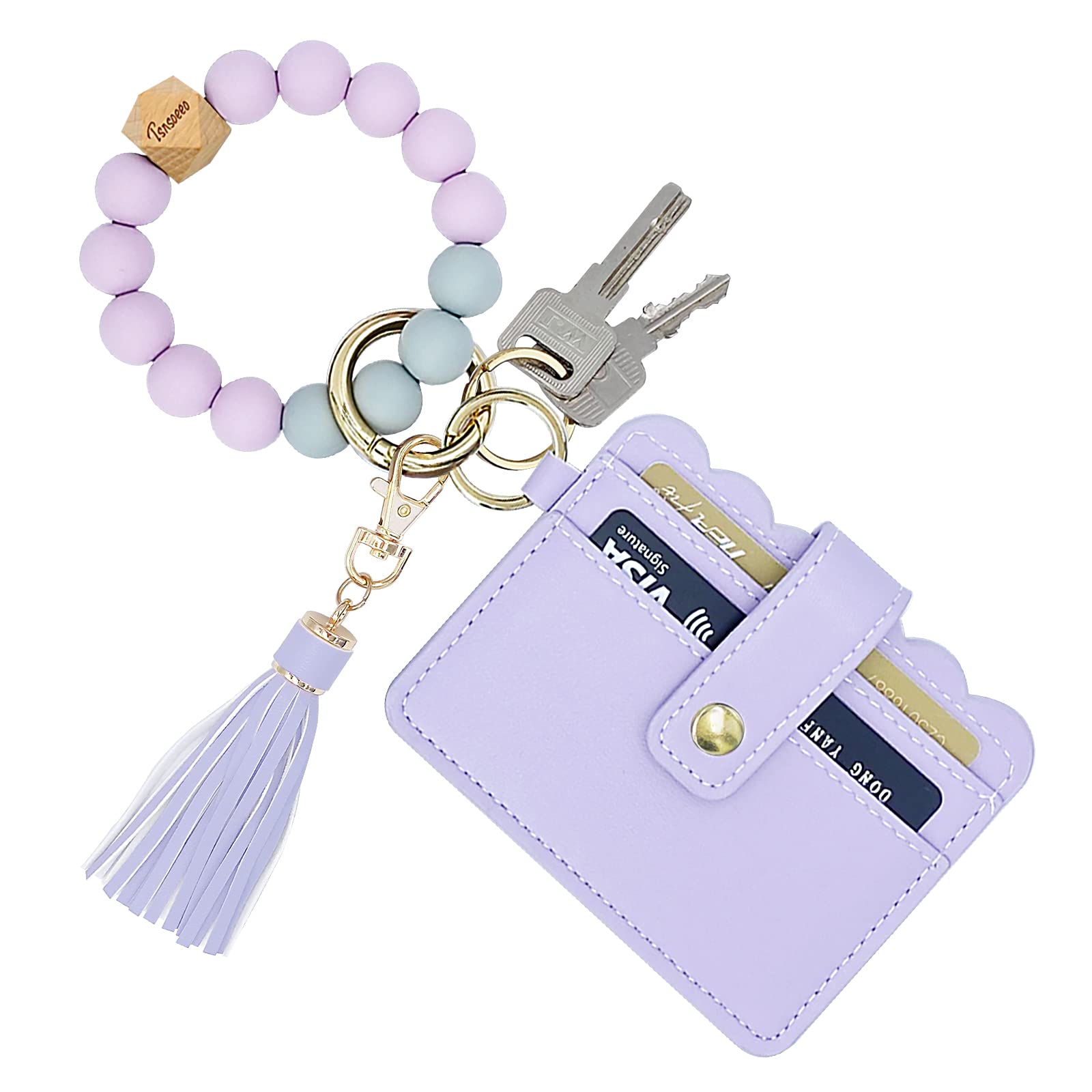 TSNSOEEO Wristlet Keychain Bracelet Wallet, Key Ring Silicone Bead Bangle, Quaste Card Pocket Keychain for Woman, 01-Lila, 10cm TSNSOEEO Wristlet Keychain Bracelet Wallet, Key Ring Silicone Bead Bangle, Quaste Card Pocket Keychain for Woman, 01-Lila, 10cm von TSNSOEEO