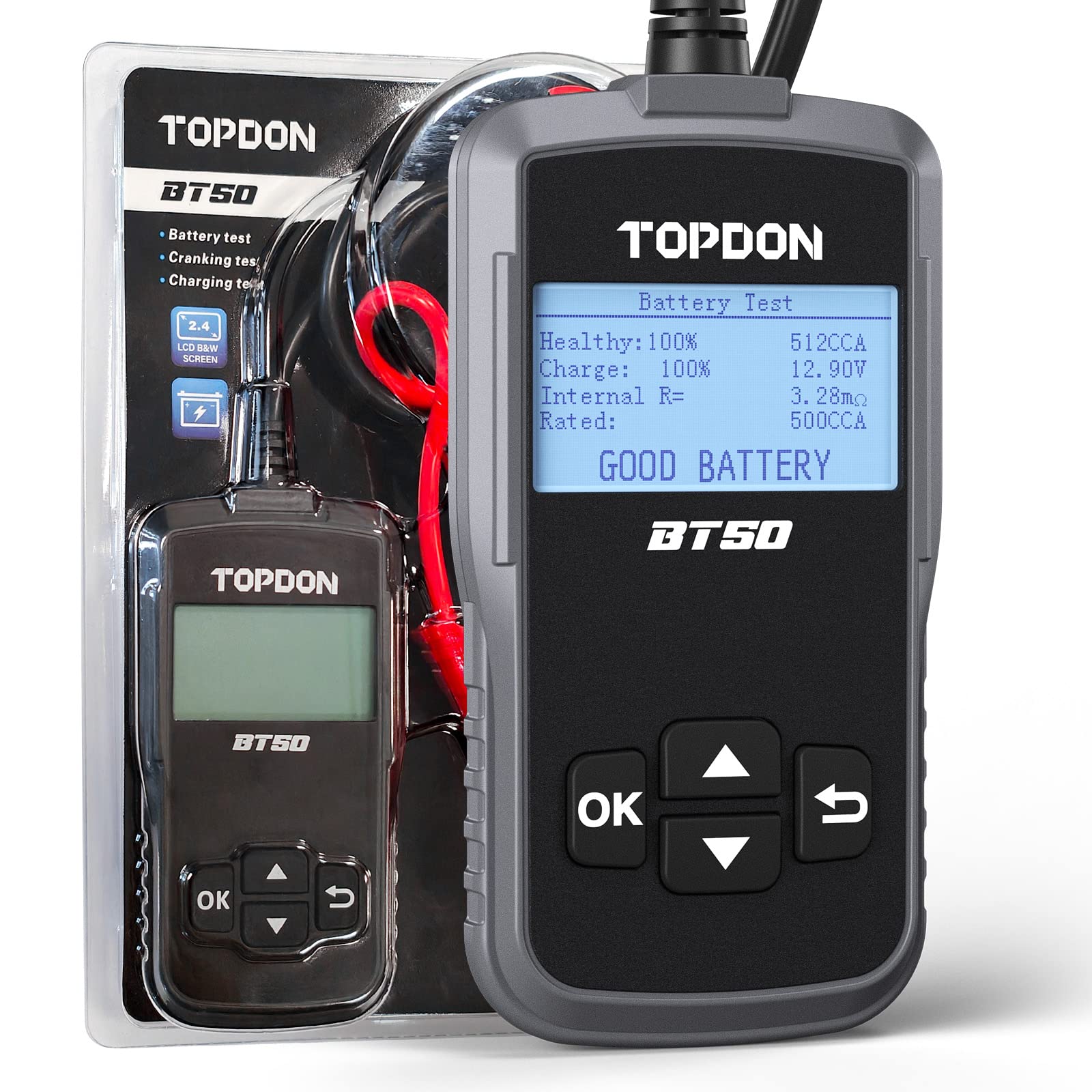 Autobatterie Tester TOPDON BT50, 12V Batterietester kfz 100-2000CCA Digitaler Autobatterieanalysator Ladekurbelsystemtester für Auto Motorrad SUV LKW Boot von TOPDON