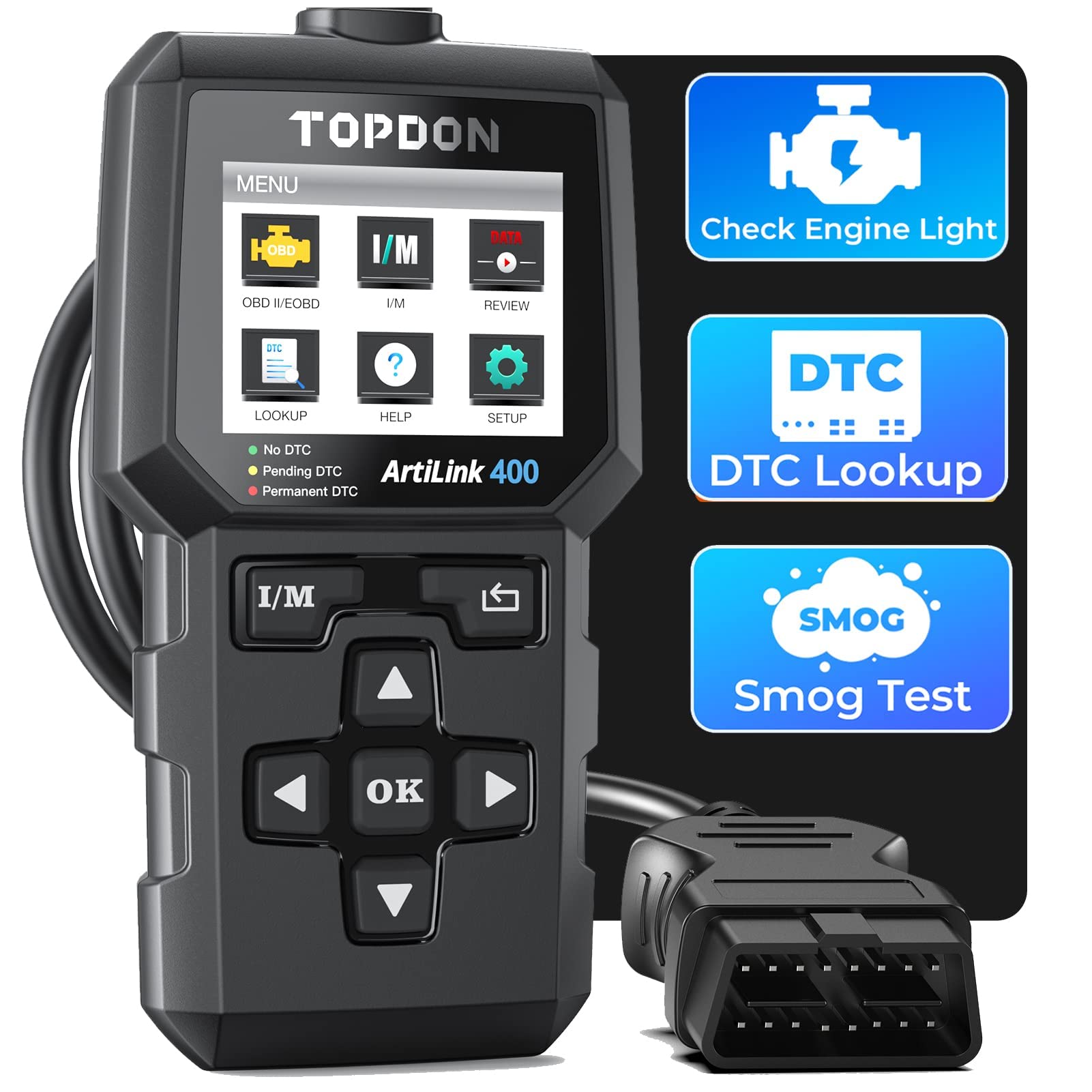 TT TOPDON OBD2 Codeleser TOPDON AL400 OBD-Scanner, Auto-Fehlerdiagnosegerät mit 10 OBD-Funktionen - Motorlicht/Smog-Emissionstest/O2-Sensortest/EVAP, kostenloses Update, Schwarz von TOPDON