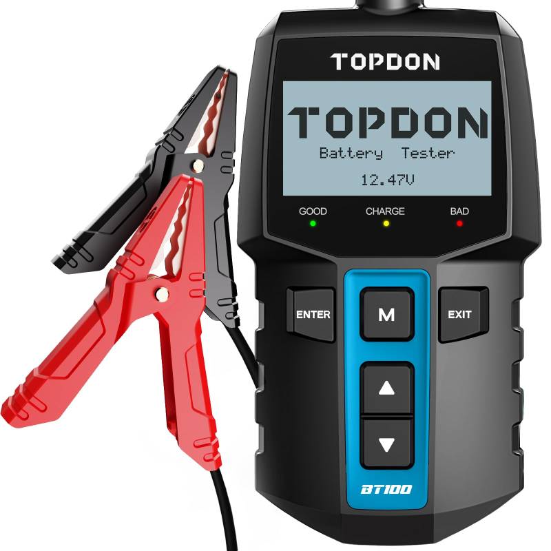 TOPDON Autobatterie Tester BT100, 12V BatterieTester KFZ mit 100-2000 CCA Batterietest Kurbeltest Ladesystem Test für Auto ATV SUV PKW-LKW Boot, Schwarz von TOPDON