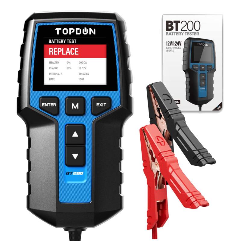 TOPDON Autobatterie Tester BT200, 12V 24V batterietester kfz 100-2000 CCA, batterie tester auto Lade-Anlasser-System Autoatterie analysator für LKW Schiff SUV Boot von TOPDON