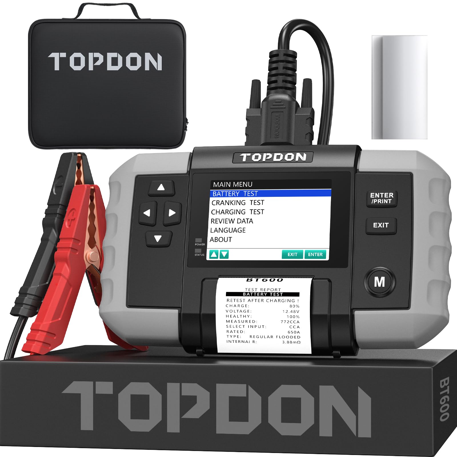 TOPDON BT600 Batterietester KFZ 12V 24V, 100-2000 CCA Autobatterie tester mit Drucker, 3,5 Zoll Farbbildschirm, 5,9 Fuß Kabel, Mini-USB für Software-Update, Verfügbar für Heimwerker und Profis von TOPDON