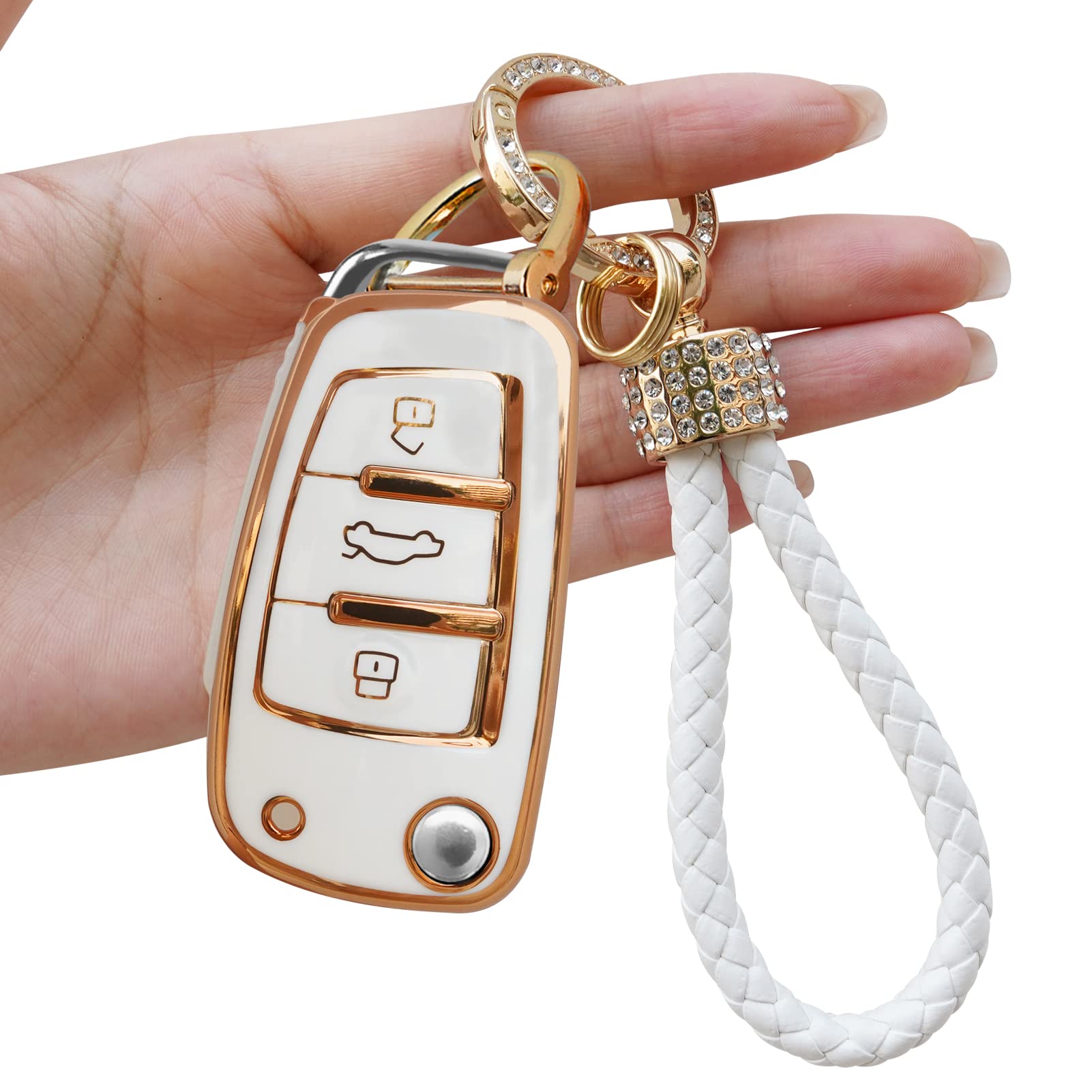 Yumzeco Silicone TPU Autoschlüssel Hülle Cover, 3 Tasten Autoschlüssel Cover Kompatibel mit A1 A3 A4 A5 A6 Q3 Q5 Q7 S3 S4 RS5 RS6 TT, Auto Keyless Smartkey Schutzhülle mit Schlüsselbund(Weiß) von TTCR-II