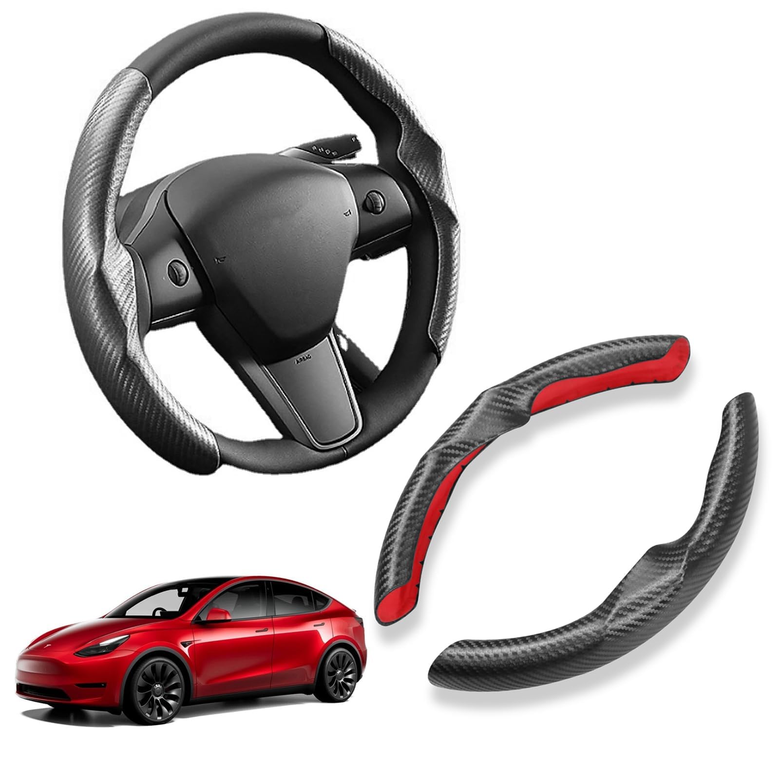 TTCR-II Kompatibel mit 2017-2023 Tesla Model 3 Lenkradbezug und 2020-2023 Model Y Kohlefasermuster Lenkradhülle, Model 3/Y ABS Anti-Rutsch Segment-Lenkradschutz, 2 Stücke Lenkradschoner-Set (Schwarz) von TTCR-II