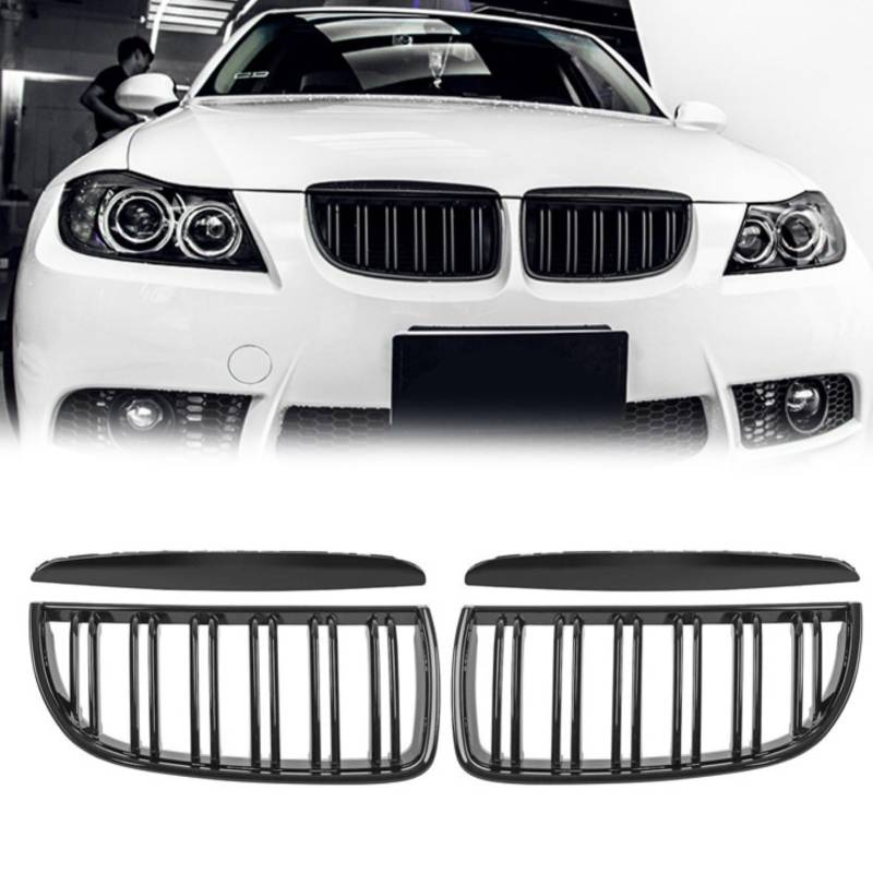 TTCR-II Kompatibel mit BMW E90 Nieren Schwarz Kühlergrill, Kühlergrill Streifen für 3er E90 E91 2005-2008 320i 325i 325xi 323i 328i 328xi 335i 335xi, 2Stk Doppel Slats BMW E91 Nieren Schwarz von TTCR-II