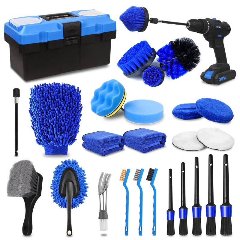 TTRCB 27-teiliges Auto-Detailing-Set, Auto-Detailing-Bürsten-Set, Auto-Detailing-Bürsten, Auto-Waschset, Autozubehör, Auto-Reinigungswerkzeug-Set für Innen, Außen, Räder, Blau von TTRCB