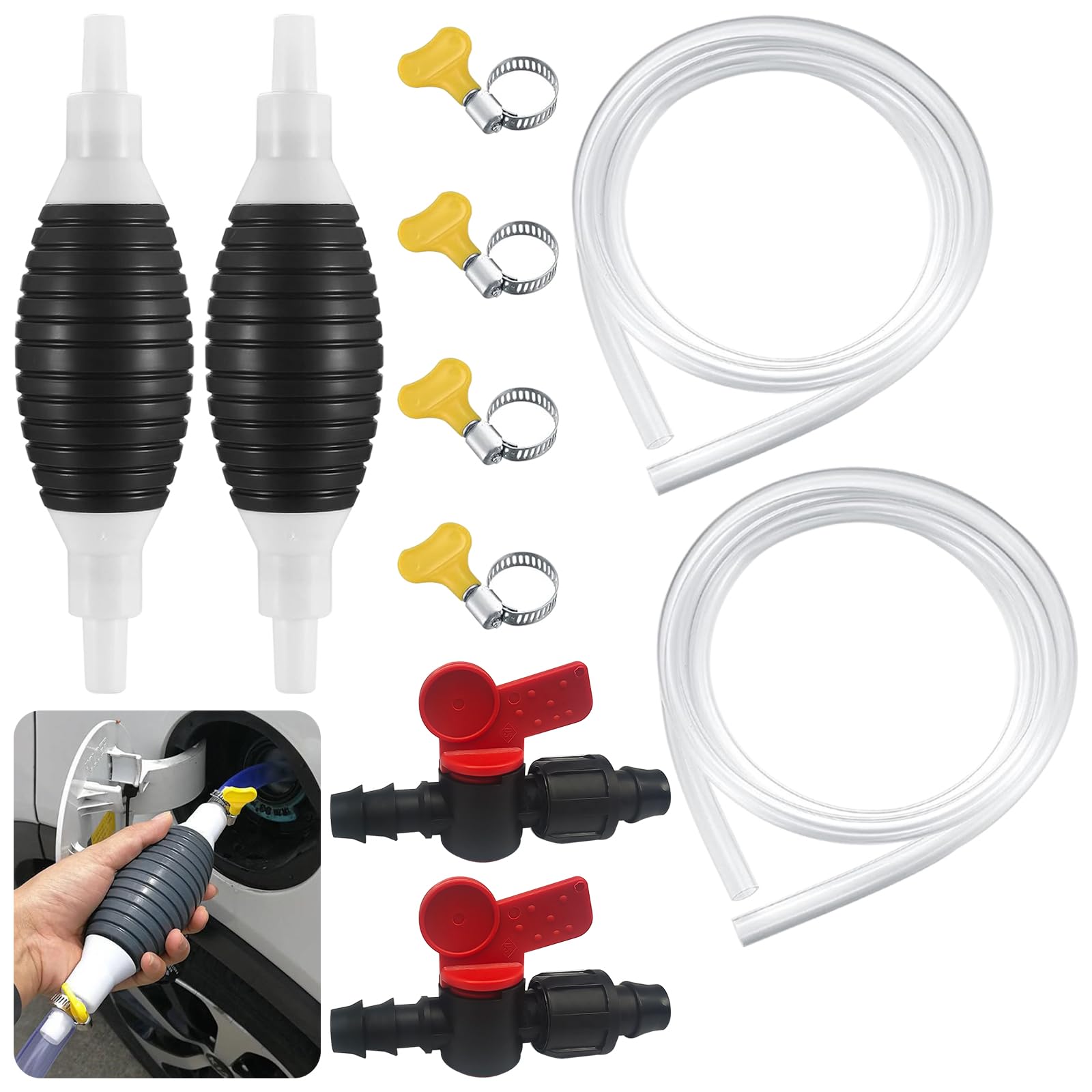 TTYSHIP® 2 Stück Handpumpe, Universelle Benzinpumpe Handpumpe, Handpumpe Benzin mit 2 Wurzeln 2M-Schläuchen, 4 Schlauchklemmen und 2 Regelventil, Geeignet für Wasser, Benzin, Diesel von TTYSHIP