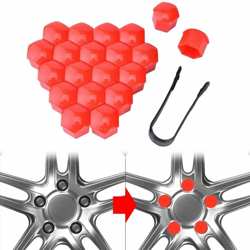 TUKNN 21mm Radschrauben Abdeckung, Auto Radschraubenkappen, Radschrauben Abdeckung, Auto Radschraubenkappen, Radschrauben Kappen, Mutternabdeckungen, mit Entfernung Werkzeug für Autos, Rot, 20 PCS von TUKNN