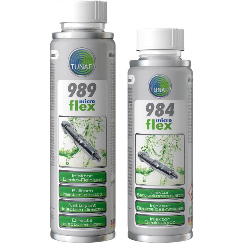 PRAKTISCHES SET! TUNAP MICROFLEX 989 INJEKTOR DIREKT-REINIGER DIESEL 950 ml + 984 INJEKTOR DIREKT-SCHUTZ DIESEL 500 ml von TUNAP