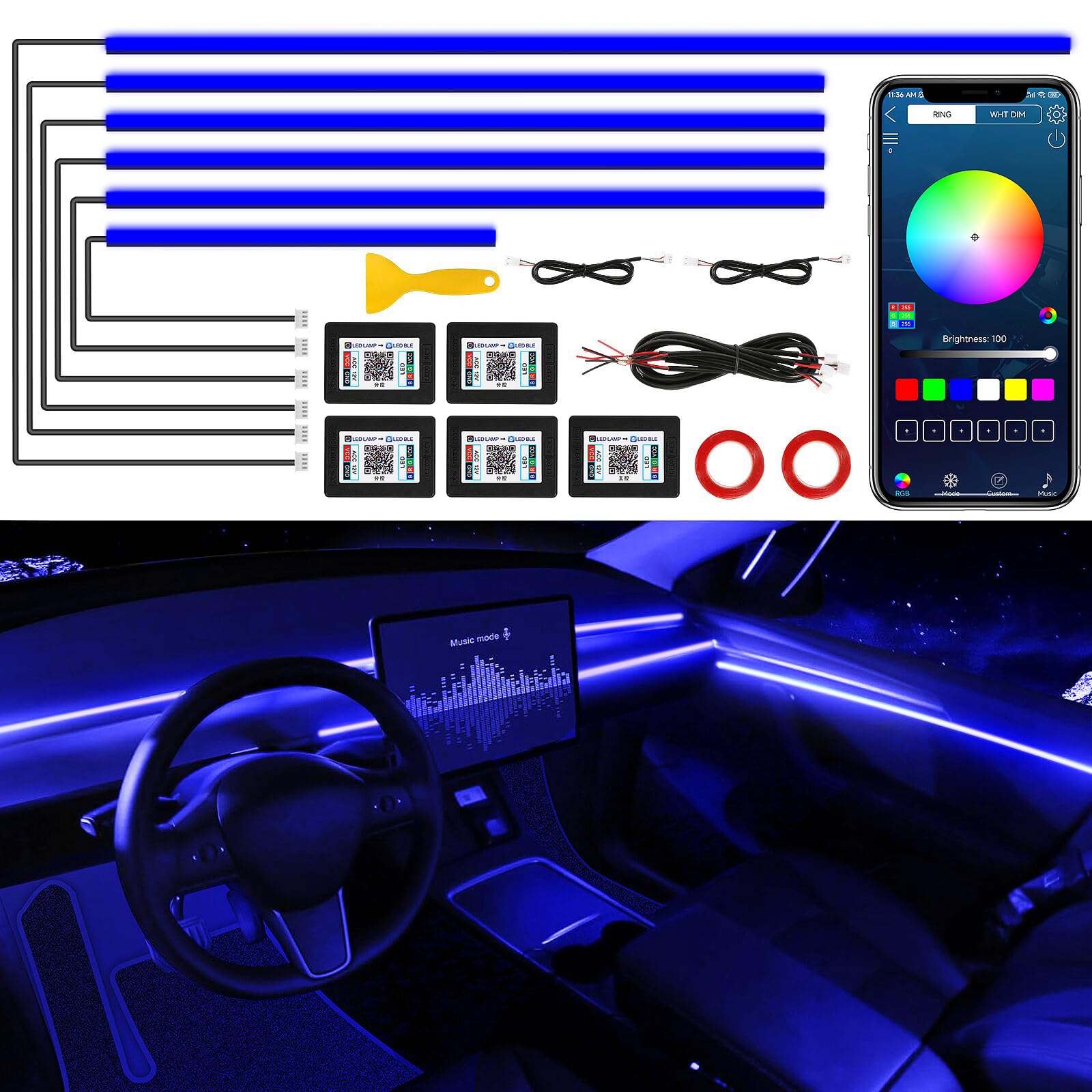 Acrylic Interior Car LED Strip Light with Wireless APP, Car Accessories 6 in 1 with 175 inches 593 LEDs Fiber Optic Car Ambient Lighting Kits, RGB Dynamic Music Sync Neon LED Strip Light for Car Acrylic Interior Car LED Strip Light with Wireless APP, Car Accessories 6 in 1 with 175 inches 593 LEDs Fiber Optic Car Ambient Lighting Kits, RGB Dynamic Music Sync Neon LED Strip Light for Car von TWETIZ