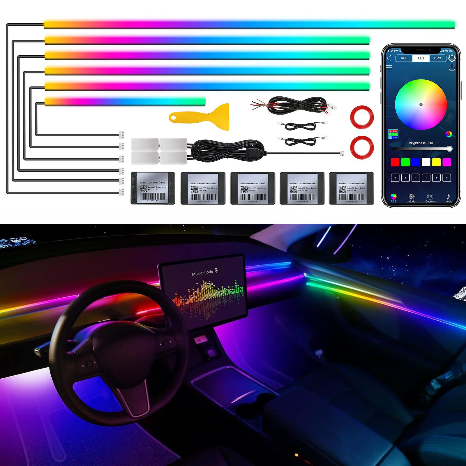 Acrylic Interior Car LED Strip Light with Wireless APP, RGB 10 in 1 with 175 inches 593 Neon Car Ambient Lighting Kits, Dynamic Chasing Music Sync LEDs Fiber Optic Strip Lights for Car Acrylic Interior Car LED Strip Light with Wireless APP, RGB 10 in 1 with 175 inches 593 Neon Car Ambient Lighting Kits, Dynamic Chasing Music Sync LEDs Fiber Optic Strip Lights for Car von TWETIZ